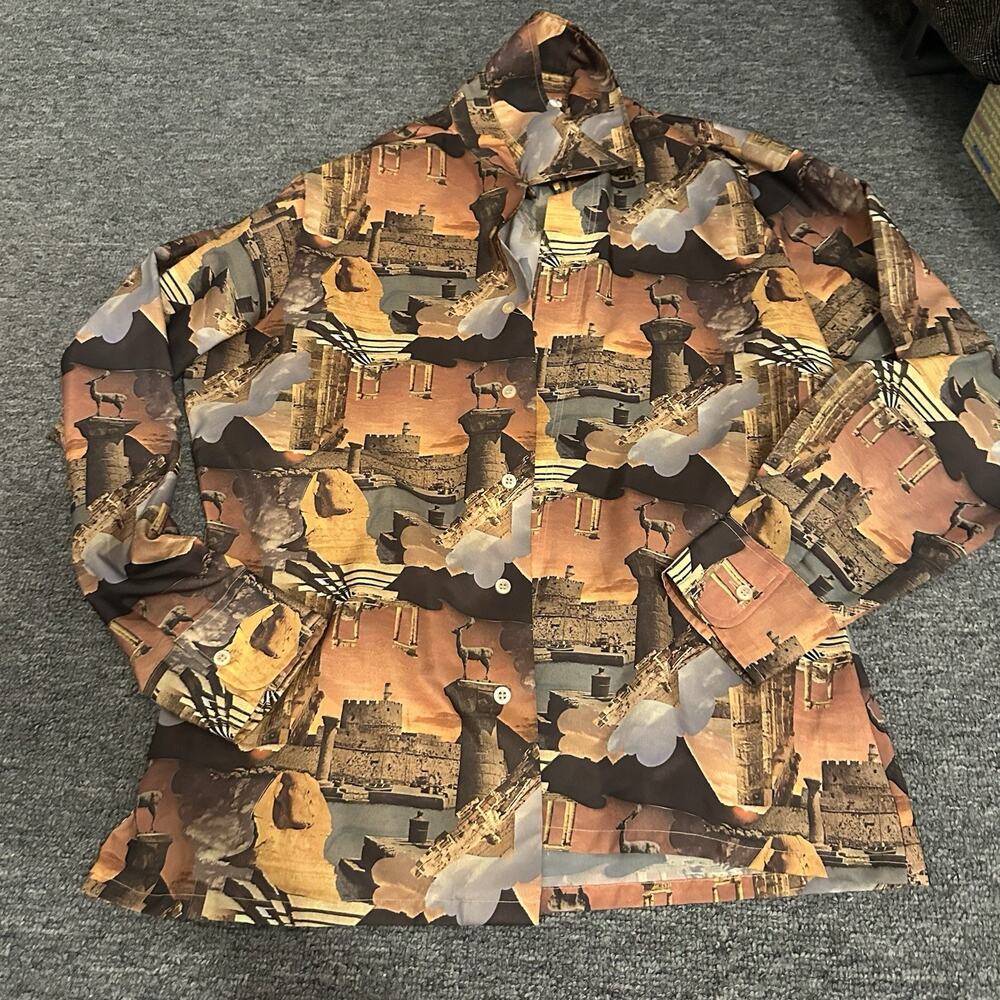 VTG 70s Narratifs Shirt Medium Long Sleeve Button Orange Ruins